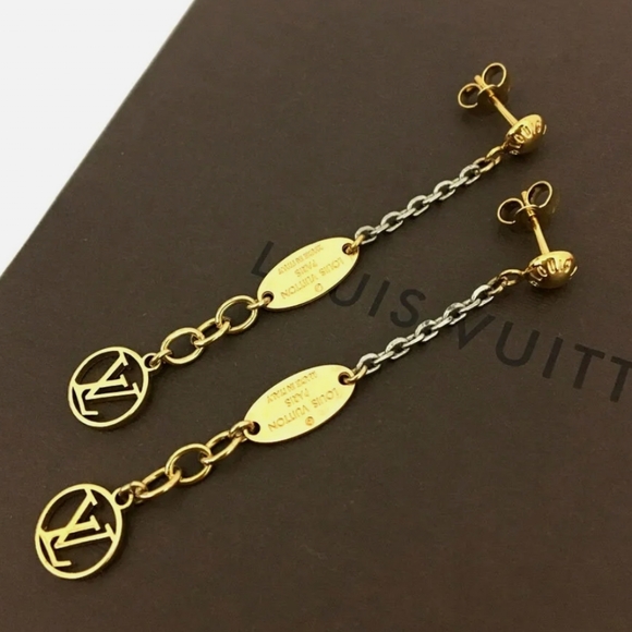 LOUIS VUITTON LOGO MANIA GOLD TONE EARRINGS/S0837 - Picture 2 of 11